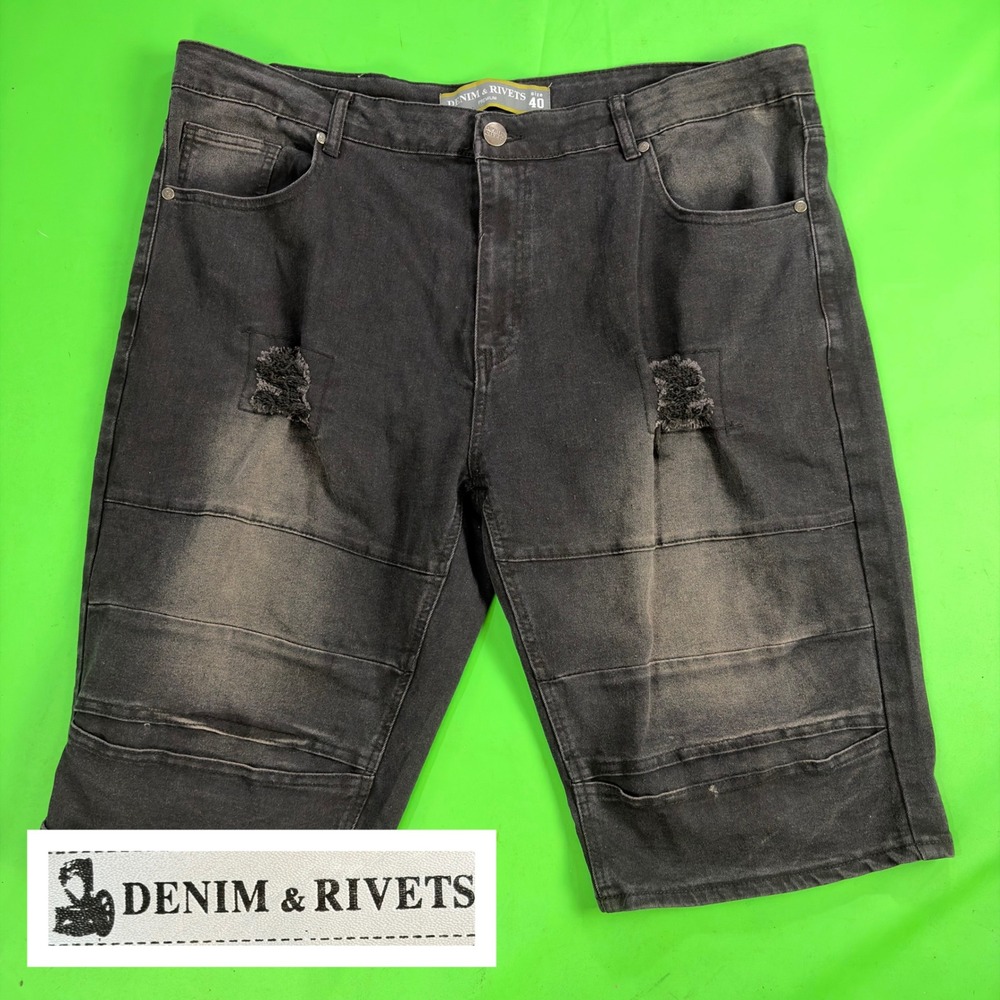 Denim & Rivets Jean Shorts Mens 40 Black Distressed Moto Stitch Stretch Jorts